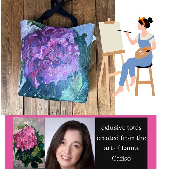 Exclusive tote bag purple pink hydrangea floral from the art of Laura Cafiso - Picture 1 of 3